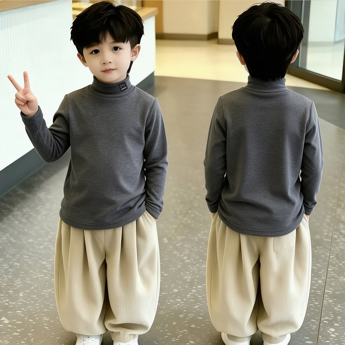 儿童德绒打底衫半高领加绒男童保暖衣卫衣上衣秋冬款宝宝T恤秋衣