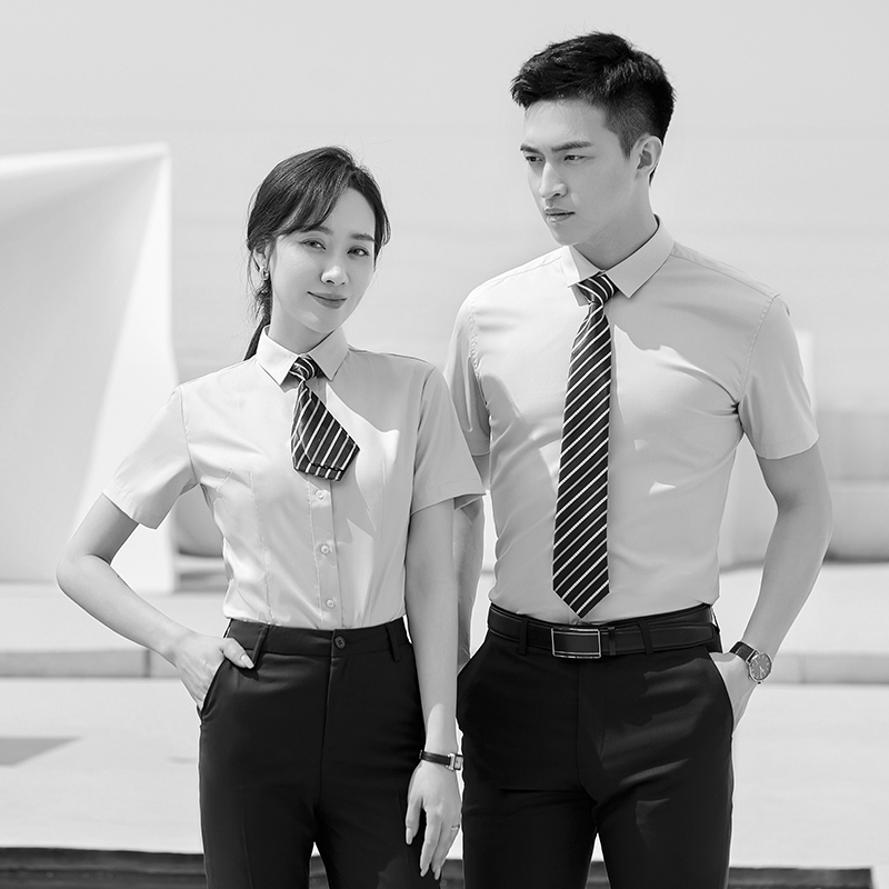 衬衫夏季工作服办公室衬衣绣LOGO男女同款短袖大学生面试女式V领