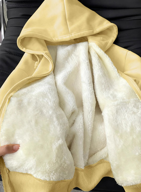 黄色加绒卫衣女北极绒加厚连帽上衣韩系慵懒风秋冬外套2025新款冬