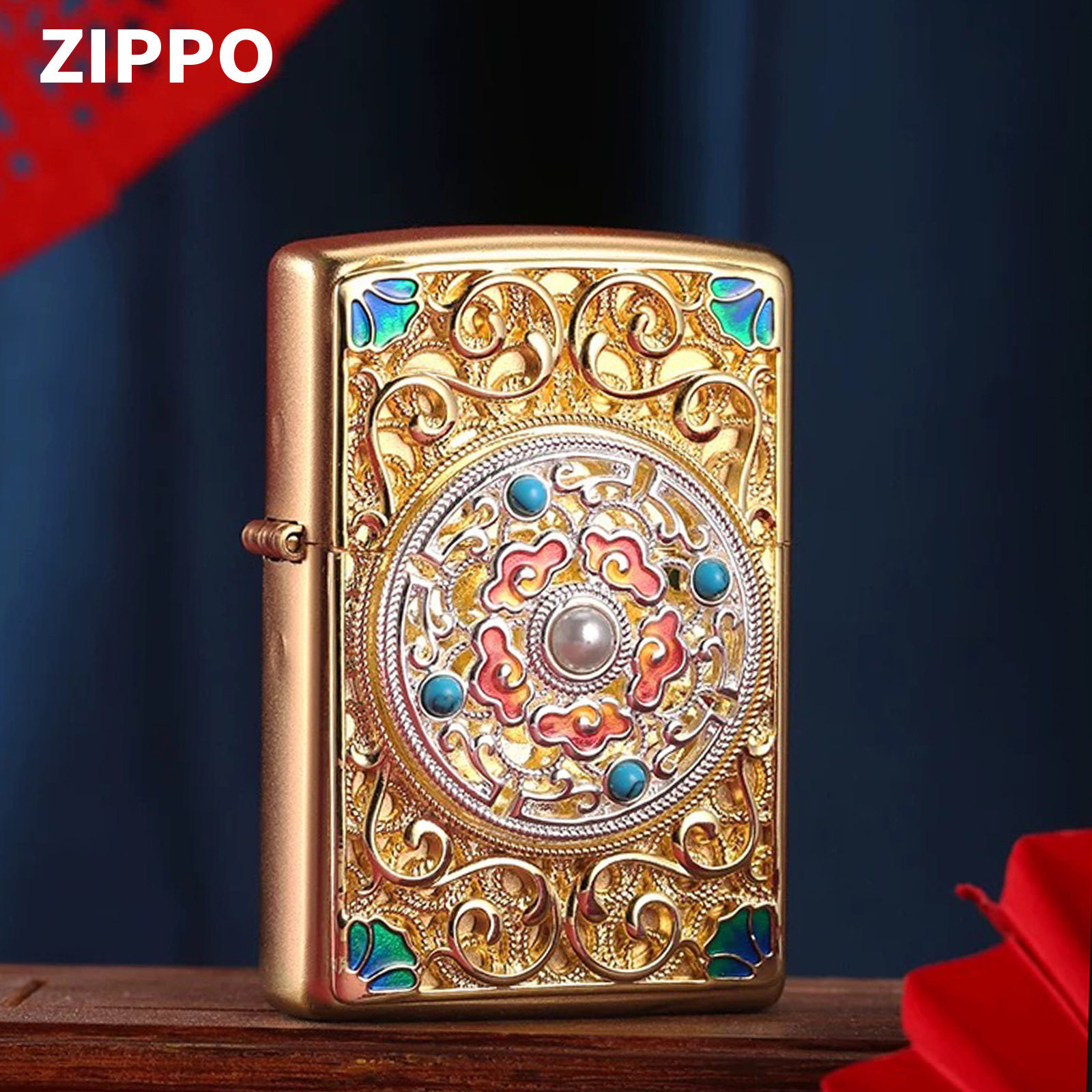 Zippo芝宝正品防风打火机花丝祥云转盘国潮煤油砂轮机送礼批发