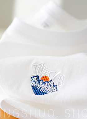 白色正肩圆领短袖t恤女100%纯棉刺绣半袖2025夏季新款宽松T上衣潮