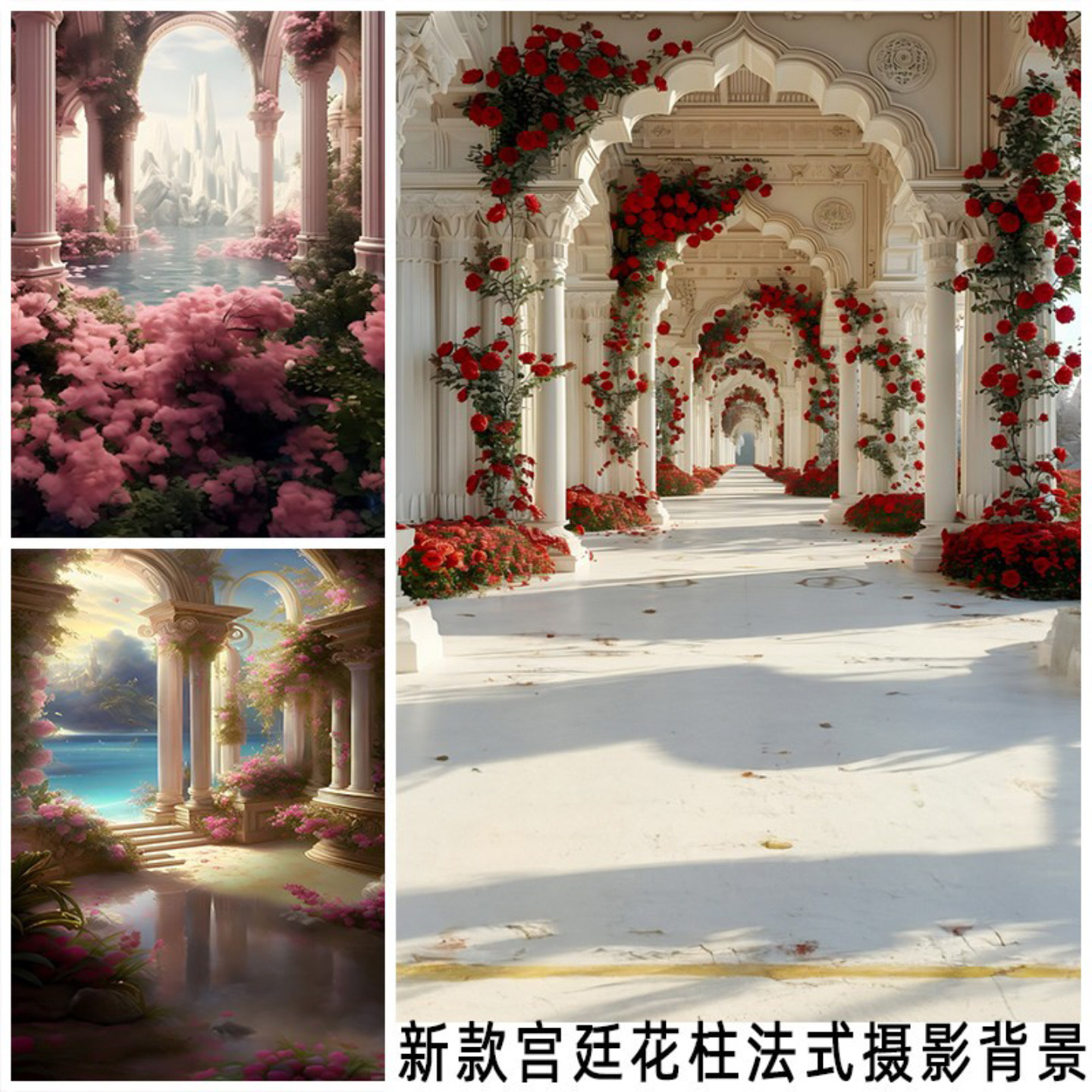 法式宫廷柱子鲜花背景布婚纱摆拍