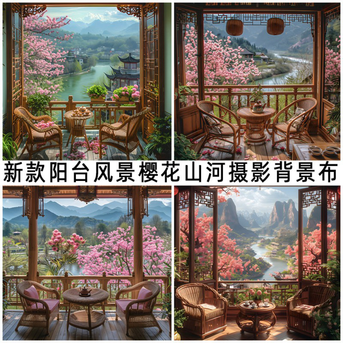 山水风景樱花阳台背景布直播摆拍