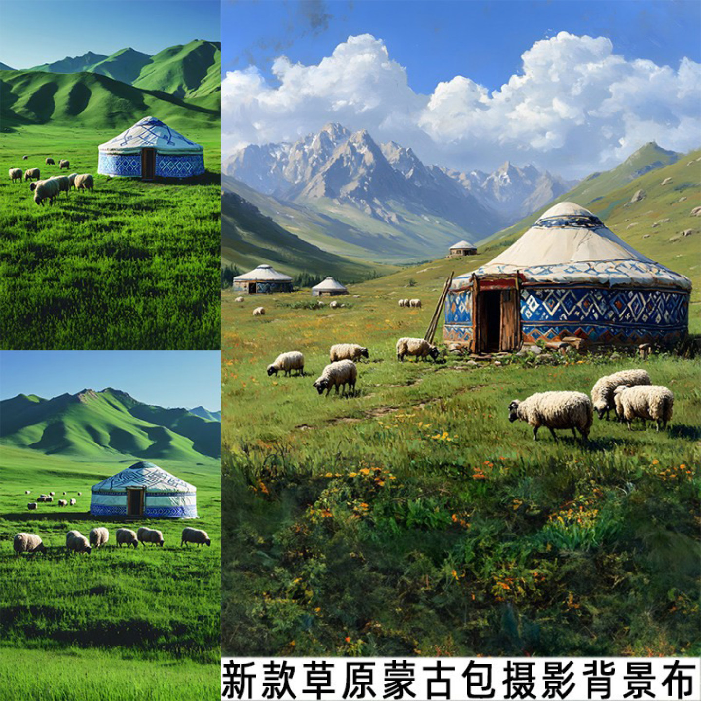 款草原草地蒙古包背景布写真布