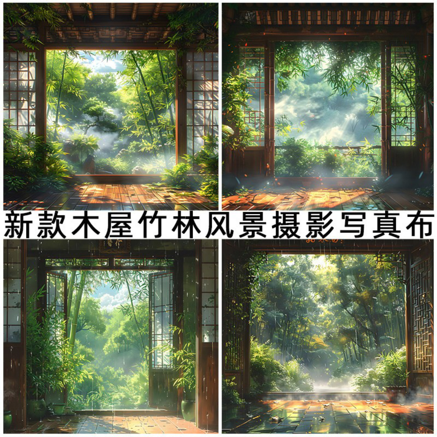 木屋竹林风景3d背景布摆拍拍照