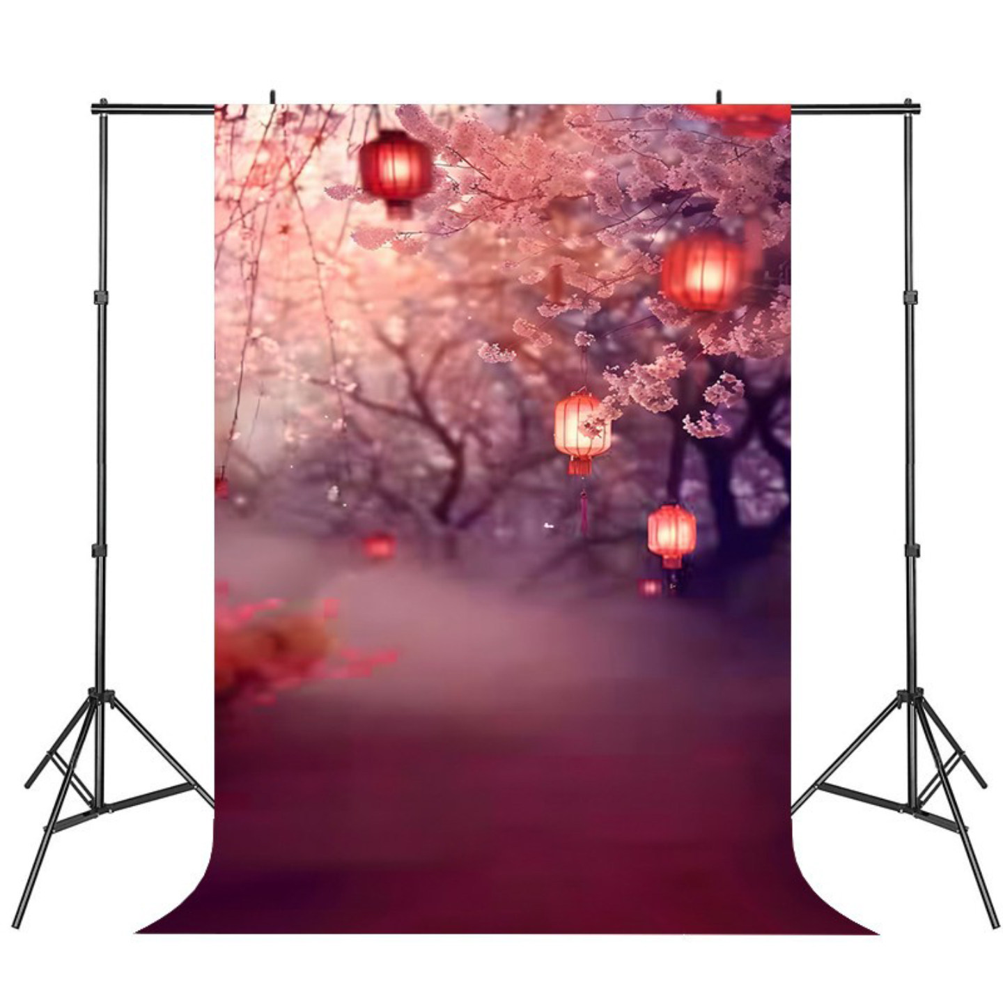 古装樱花灯笼夜景背景布室内拍照