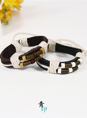 古铜色弹簧木珠牛皮编织手链个性朋克风男女学生简约手绳复古饰品