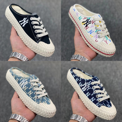 纯原新款mlb半拖帆布饼干鞋NY绣花新配色满印半托帆布鞋女一脚蹬