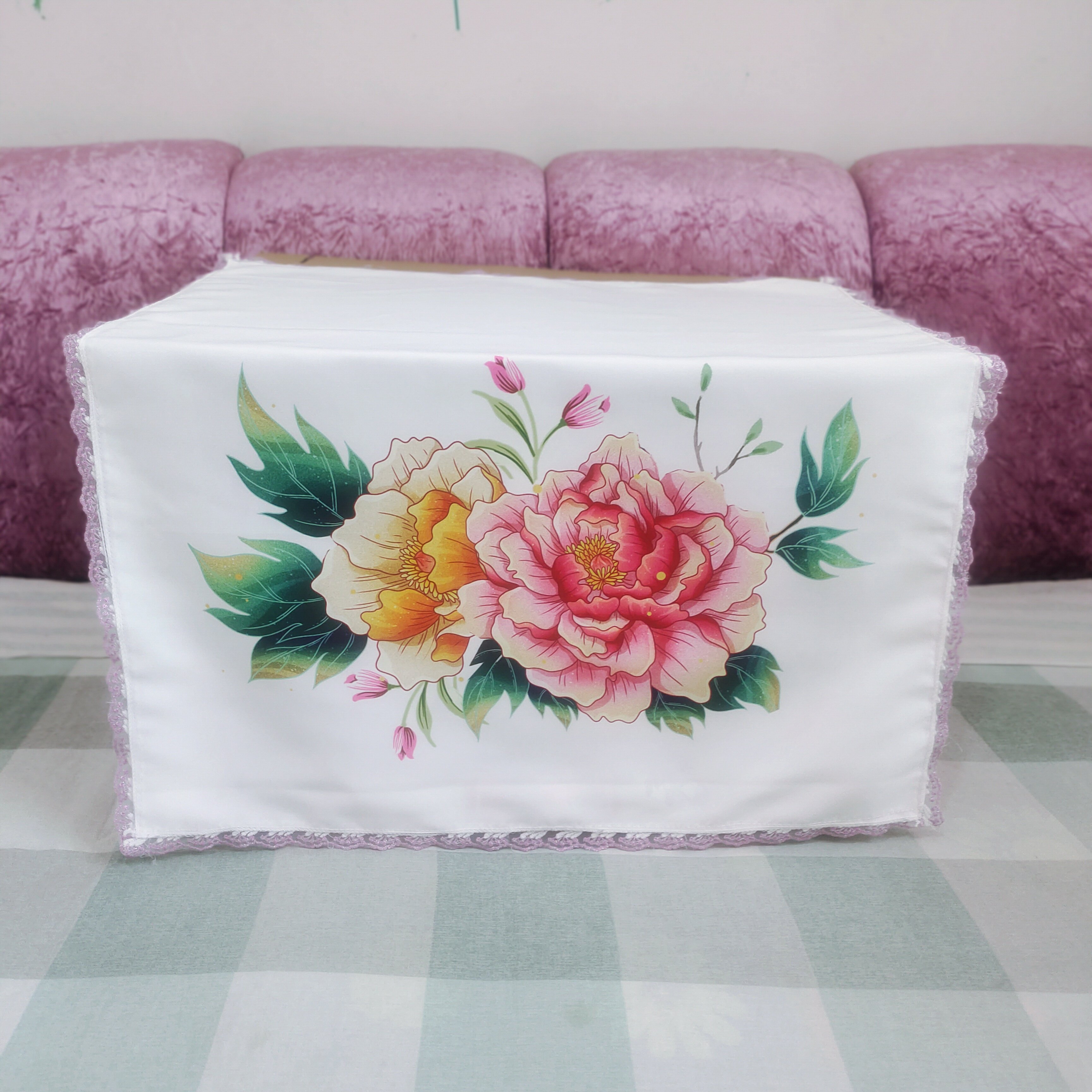 半成品剁绣盖被单剁花绣扇单戳针戳花刺绣彩印布图手工掇花扇被单