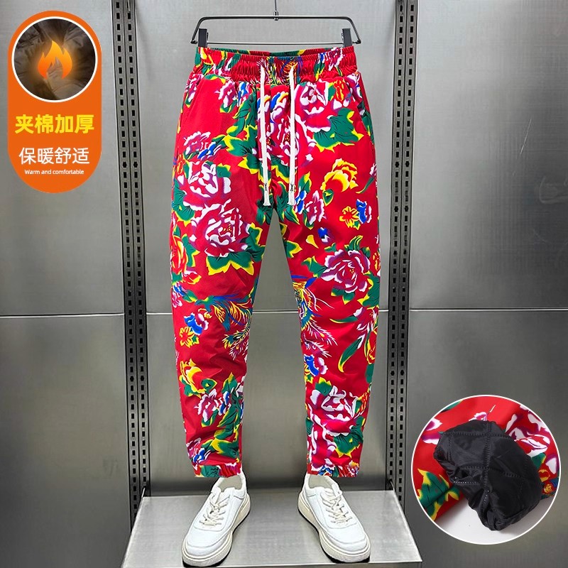 新款东北大花加棉裤男女时尚个性束脚裤潮流中国风夹棉棉裤广场舞