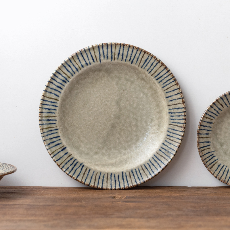 日本进口釉下彩侘寂风松叶十草纹餐盘复古做旧深盘钵碗浅口碗平盘