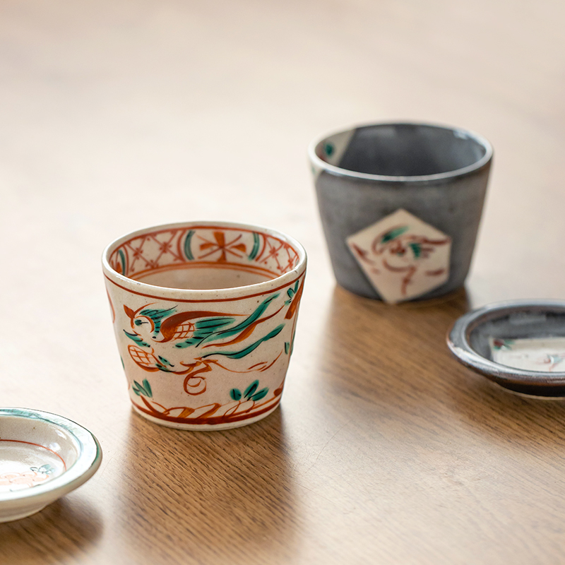 日本进口藏珍窑吴须志野赤绘水杯猪口杯复古冰裂釉手握小咖啡杯子