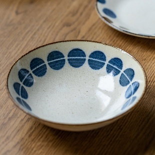 日本进口美浓烧复古粗陶深盘汤盘平盘日式釉下彩圆点咖喱饭意面盘