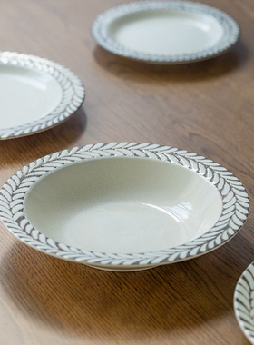 日本进口有古窑釉下彩浮雕麦穗陶瓷甜品蛋糕盘早餐盘平盘意面深盘