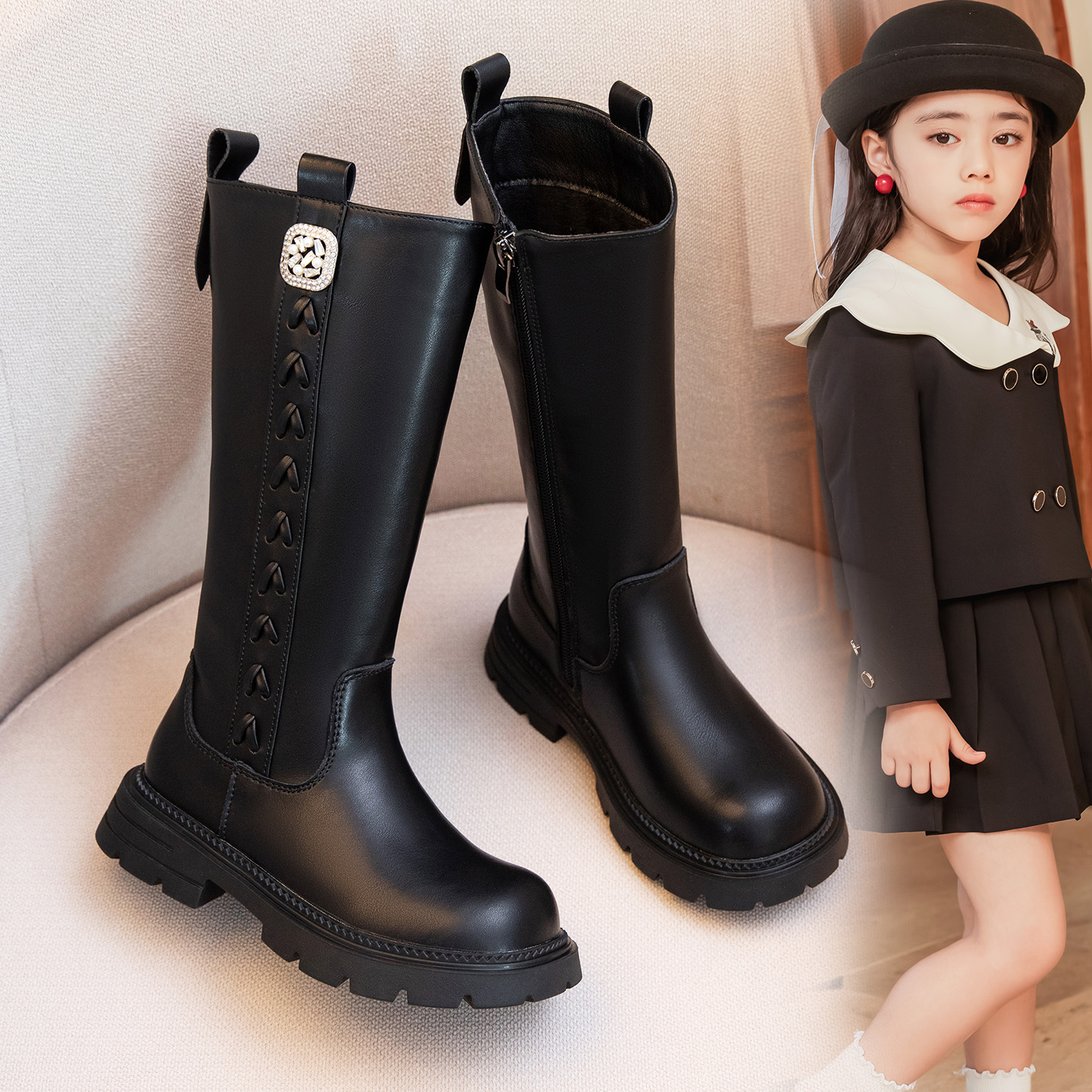 女童真皮长筒靴儿童马丁靴二棉