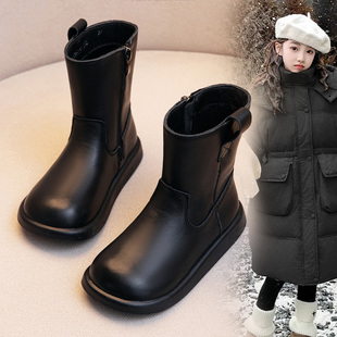 女童真皮马丁靴2025秋冬新款儿童黑色加绒皮靴软底中筒单靴二棉靴