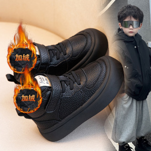 男童真皮黑色运动鞋二棉鞋2025秋冬新款儿童加绒保暖宝宝大棉鞋子