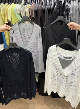 2026年春季新款韩版宽松显瘦V领长袖针织衫女设计感小众镂空上衣