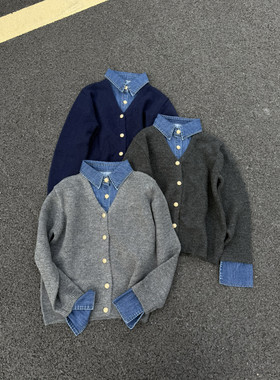 Hhh 2025年冬季新款韩版设计感牛仔拼接针织毛衣女宽松显瘦上衣