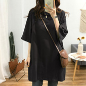 200斤胖妹妹黑色宽松圆领半袖 夏季 纯棉短袖 t恤女中长款 加大码 韩版