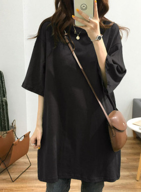 夏季加大码韩版纯棉短袖t恤女中长款200斤胖妹妹黑色宽松圆领半袖