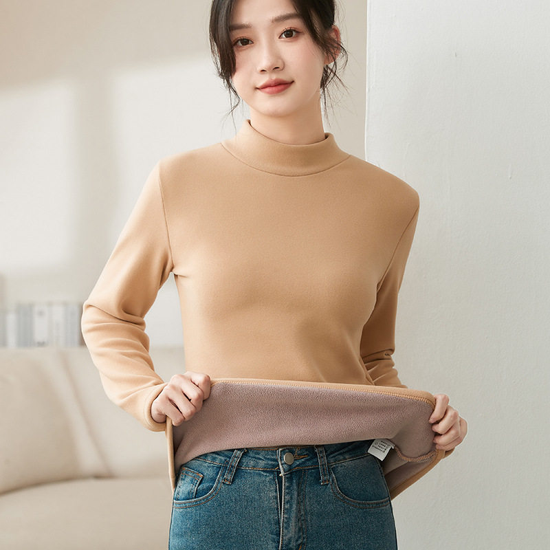 加厚加绒半高领德绒打底衫女秋冬新款加厚内搭感黑色中领保暖