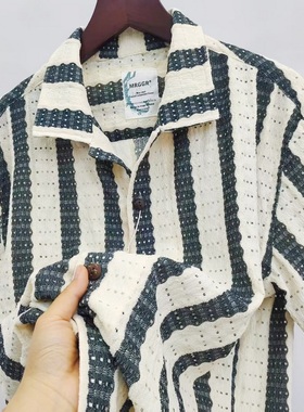 度假风！钩编条纹提花！新款高级美式复古古巴领宽松短袖衬衫男夏