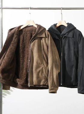秋冬新款高级户外休闲加绒加厚防风保暖连帽假两件宽松棉衣外套男