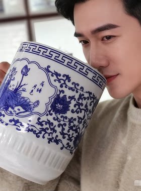 青花瓷茶杯中式复古釉下彩景德镇单杯办公杯家用大号带盖水杯商用
