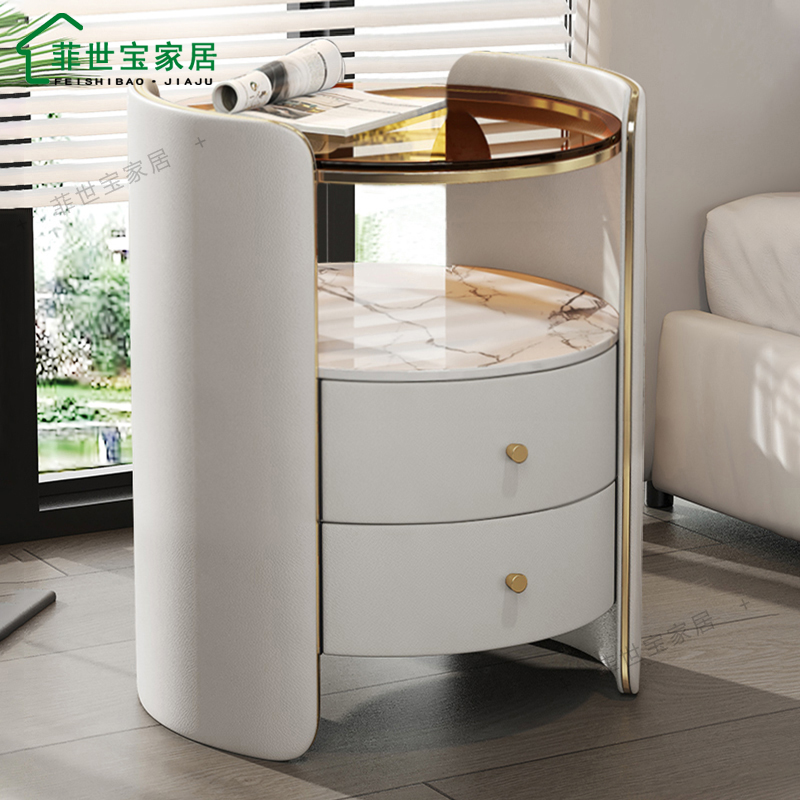 茶色玻璃圆形岩板床头柜简约现代