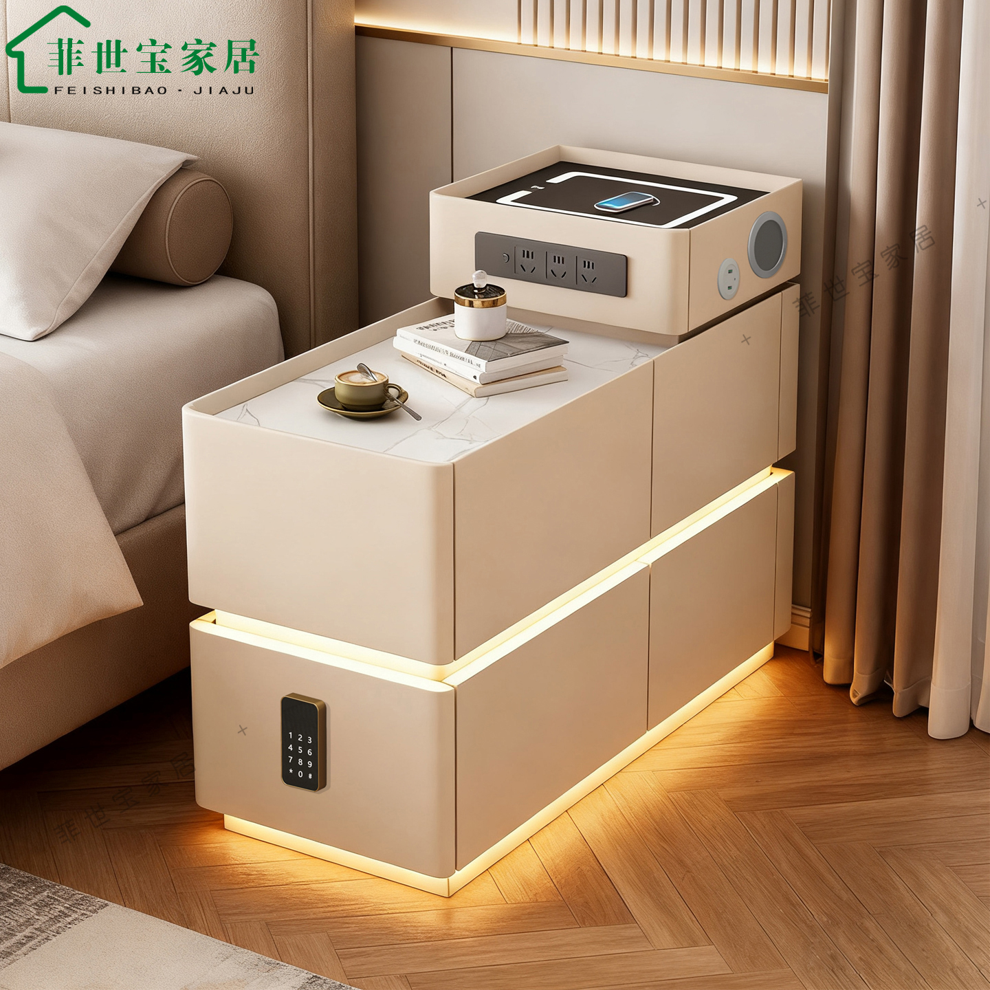 智能床头柜悬浮皮床软包加厚加深夹缝简约现代轻奢岩板音响床边柜