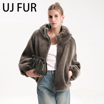 UJ/西班牙拉贡皮毛一体短款宽松外套拉链女皮草气质休闲上衣连帽