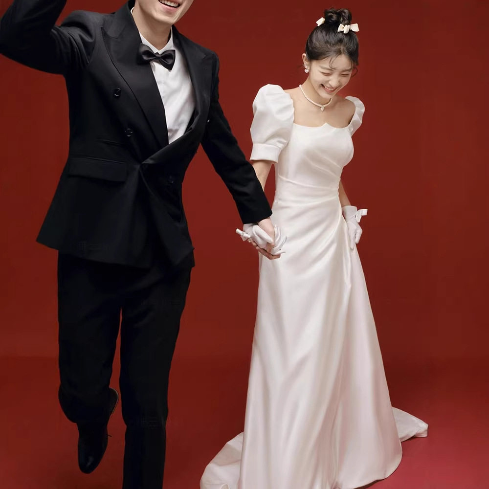 法式晚礼服裙女轻奢小众高端白色缎面高级感在逃公主婚纱敬酒年会图片