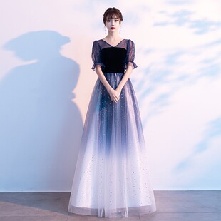 星空晚礼服女高级感大合唱演出服蓝色主持人学生成人独唱红歌舞台