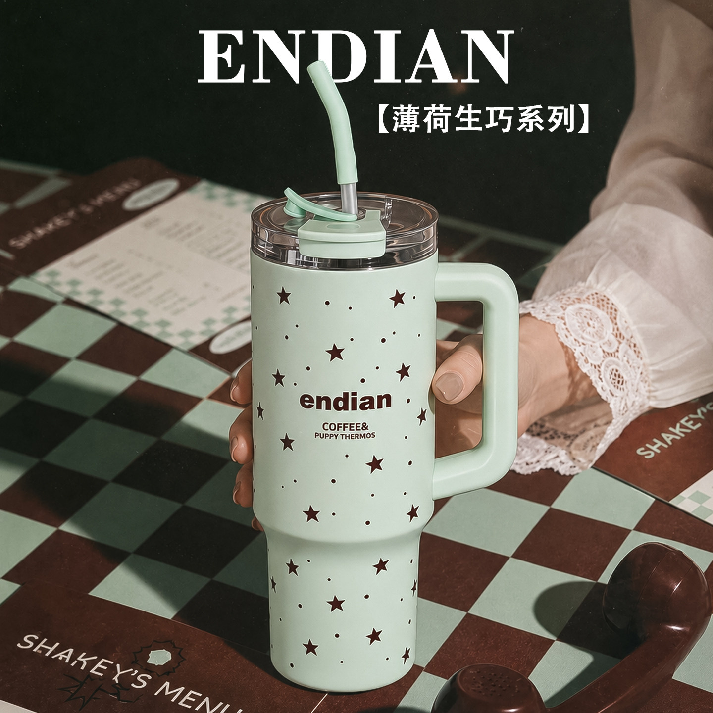 薄荷黑巧波点星星保温杯原创设计