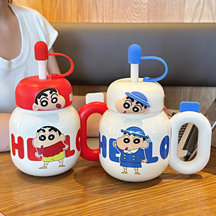 蜡笔小新保温杯吸管大容量学生带手柄男女款办公室新款水杯高颜值