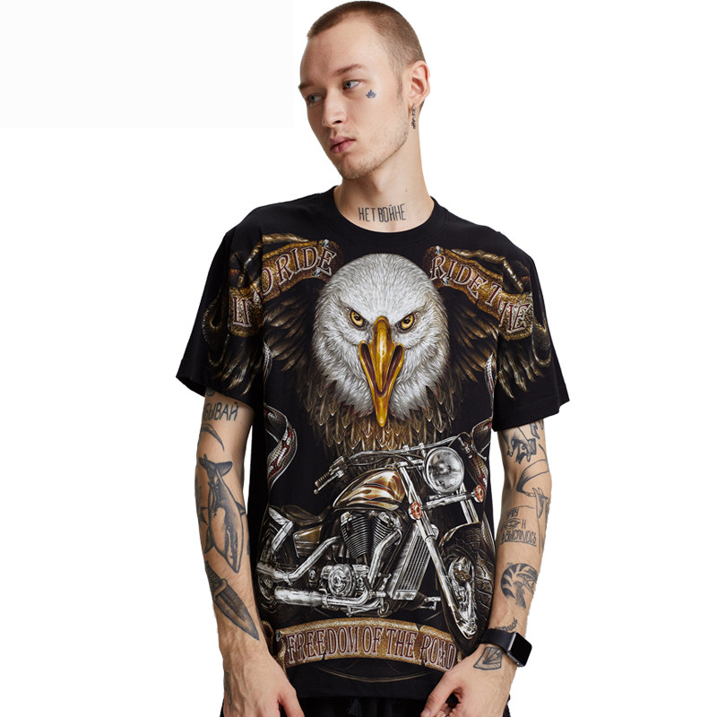 美式复古老鹰摩托车印花T恤男 重磅纯棉宽松短袖 潮流街头个性