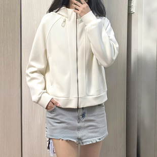 李宁外套女款2025秋季新品纯棉白色舒适简约开衫连帽卫衣美式弹力