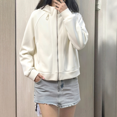 李宁外套女款2025秋季新品纯棉白色舒适简约开衫连帽卫衣美式弹力
