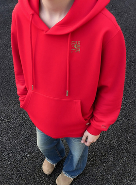 李宁2026马年新年宽松舒适红色连帽日进斗金系列运动卫衣AWDW111