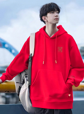 李宁2026马年新年日进斗金系列红色连帽宽松舒适运动卫衣AWDW111