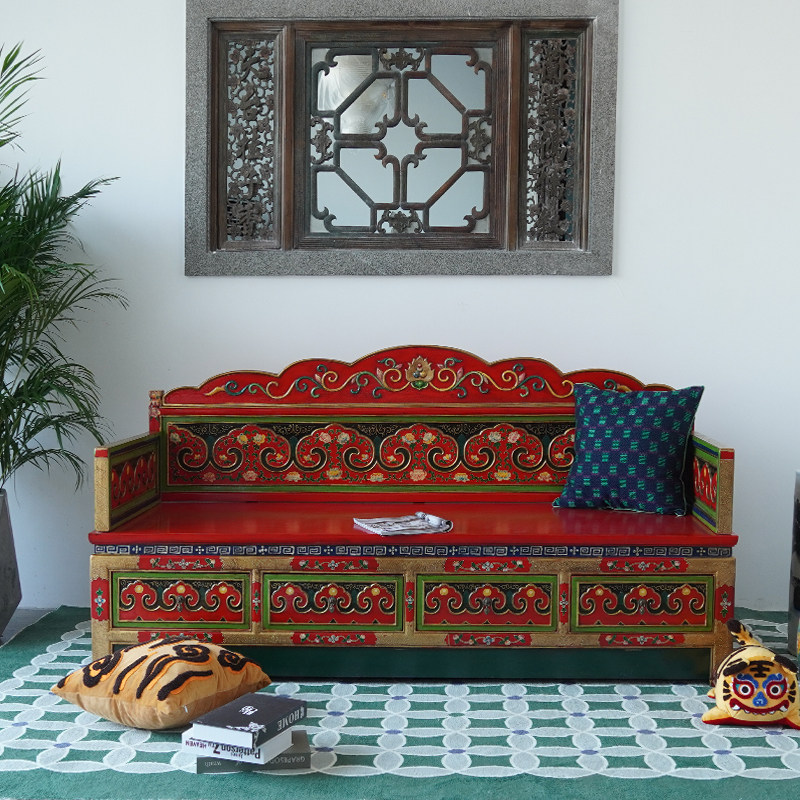 新中式复古实木罗汉床藏式手绘沙发床东南亚风格彩绘家具整装入户