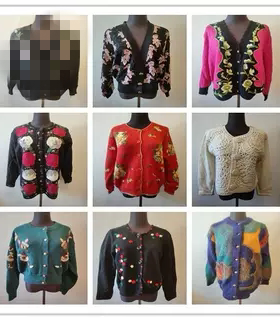 B421vintage古着毛衣开衫外套女秋冬款复古宽松杂色粗线粗针上衣