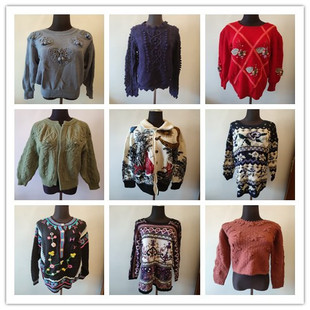 B16古着女秋冬纯棉柔软立体提花宽松咸菜绿针织套装复古毛衣