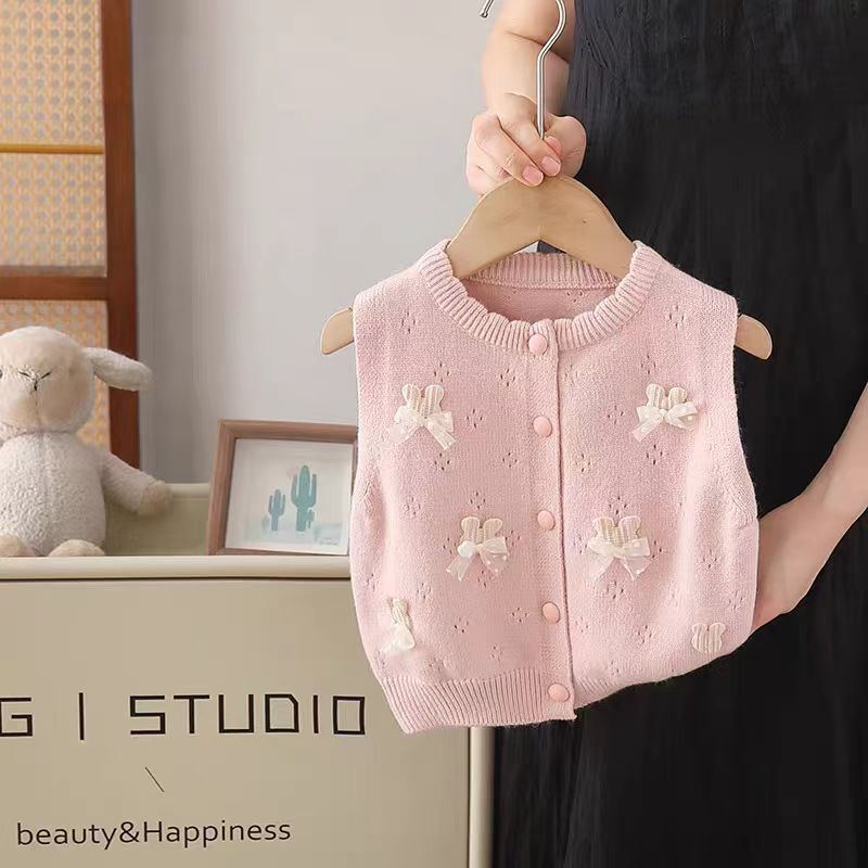 特价撤柜童装毛衣背心镂空小蝴蝶结针织马甲女宝宝秋冬开衫7003