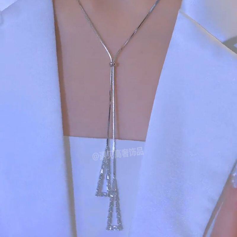 不掉色钛钢Y型几何流苏毛衣链女