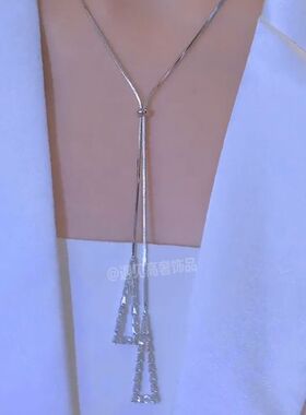 不掉色钛钢Y型几何流苏毛衣链女