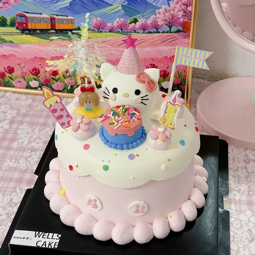 蝴蝶结KT猫蛋糕装饰摆件卡通可爱儿童小女孩生日派对烘焙装扮插件