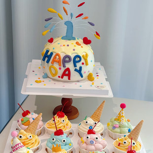 网红彩色礼花蛋糕装饰happy birthday 字母儿童周岁生日甜品装扮
