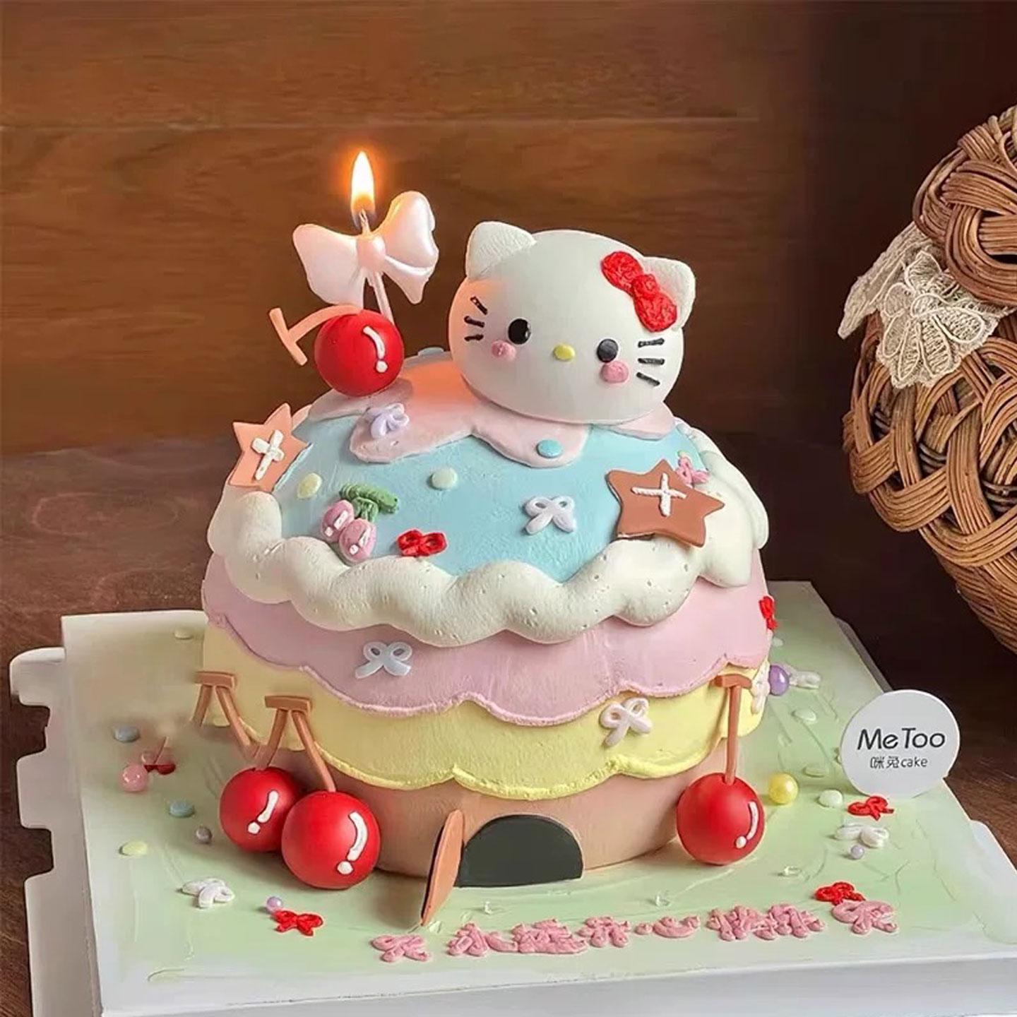 复古ins风KT猫生日蛋糕装饰卡通Kitty猫头摆件蝴蝶结蜡烛插件装扮